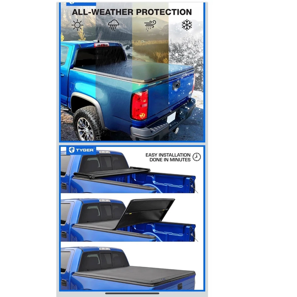 Cubierta Tonneau suave triple plegable para plataforma de camioneta Tyger Auto T3 2024-2025 Toyota Tacoma 5 ft Foto 4 de 4