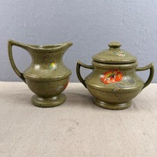 Juego de azúcar y crema de gres moteado vintage años 70 naranja amapola floral