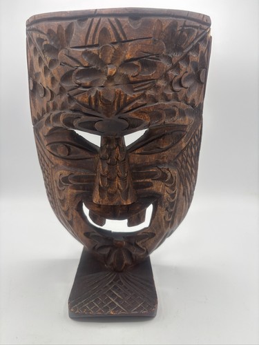Hand Carved Dark Wood Tribal Mask African Style Folk Art Wall Decor Stand 9”