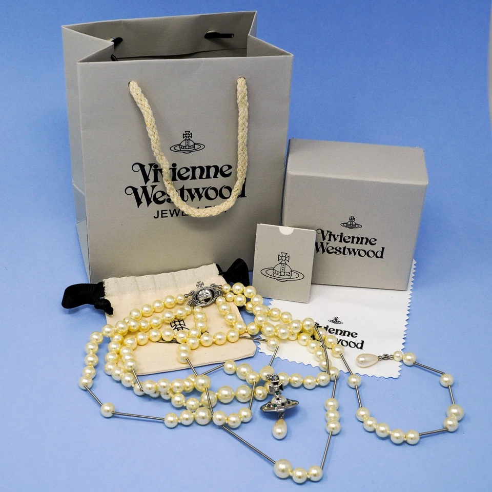 Vivienne Westwood Necklace Silver Tone Bas Relief Broken Pearl Orb Choker & Box - Image 2 of 4