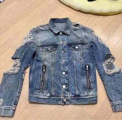 USED BALMAIN DESTROYED DAMAGED DENIM JACKET (G-JEAN) VERYGOOD