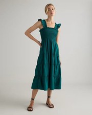 QUINCE 100% Organic Cotton Poplin Smocked Midi Dress in Garden Green - Size M