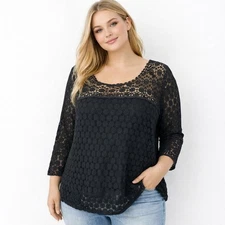 Solitaire by Ravi Khosla Lace Crochet Top Black 3/4 Sleeve Plus Size 2X