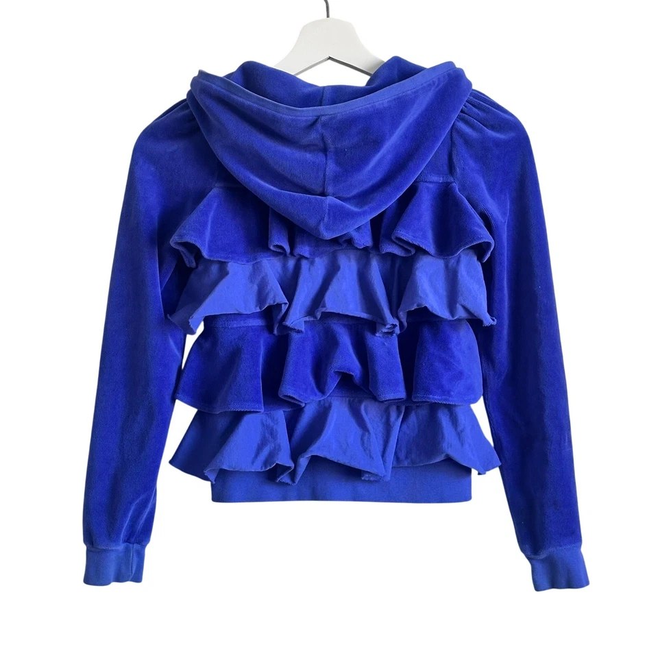 Juicy Couture Hoodie Girls 8 Blue Full Zip Velour Ruffle Back Long Sleeve - Image 2 of 4
