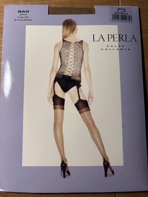 LA PERLA ISCHIA Nylonstrümpfe; XL schwarze Naht & Hochferse 100% Nylon Naturelle