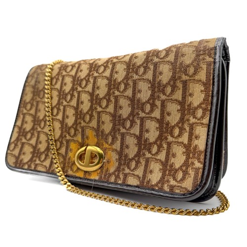 Christian Dior Trotter jacquard Canvas Leather Shoulder Bag Brown Gold Authentic