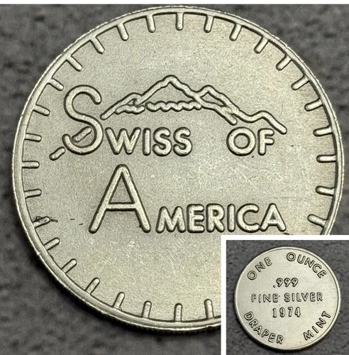 Rare 1974 Draper Mint Swiss Of America 1 oz .999 Fine Silver Bullion