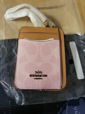 Coach CEC50 Zip Card Case Signature Canvas With Flower Charm