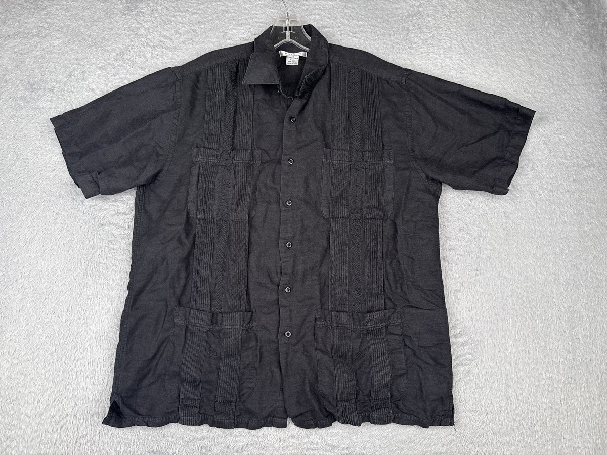 Marquis Guayabera Shirt Men Large Black 4 Pocket Linen Blend Short