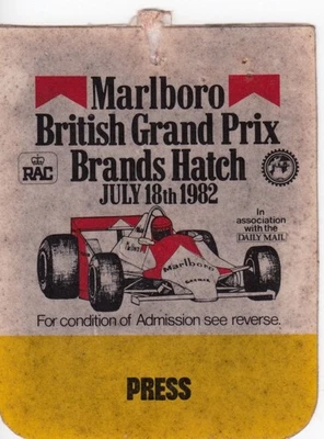 1982 BRITISH GP BRANDS HATCH F1 ORIGINAL PRESS PASS ENTRY TICKET NIKI LAUDA WIN - Image 1 of 2