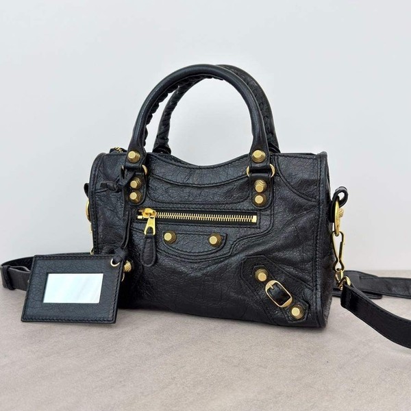 BALENCIAGA Giant Mini City Black Leather Motorcycle Bag 2Way Gold Hardware Auth