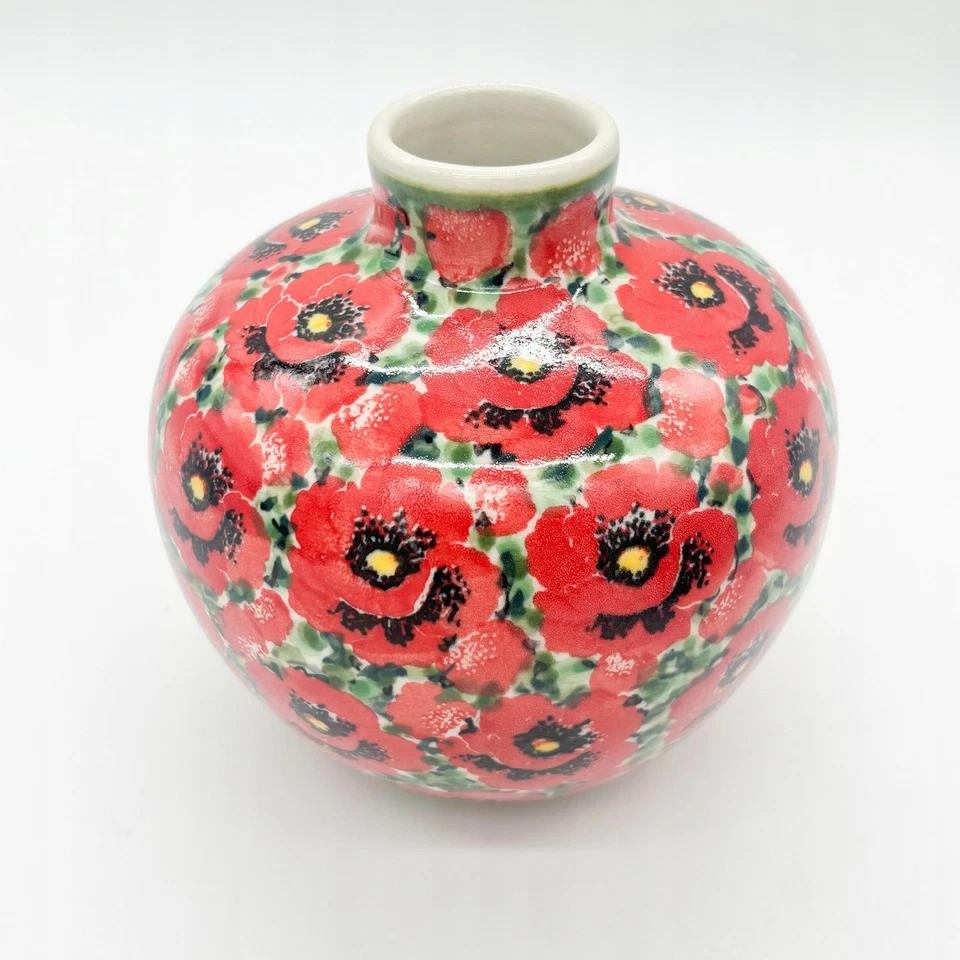 Dekovase Einzigartiger Bunzlauer Keramikvase handbemalt Mohnmotiv Unikat 12 cm - Bild 2 von 4