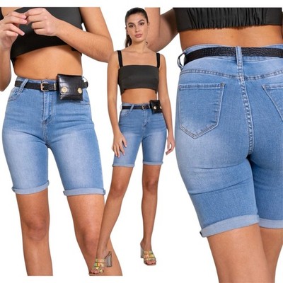 Damen BERMUDAS SKINNY Jeans SHORTS Hose Stretch High Waist mit Gürtel  - J48