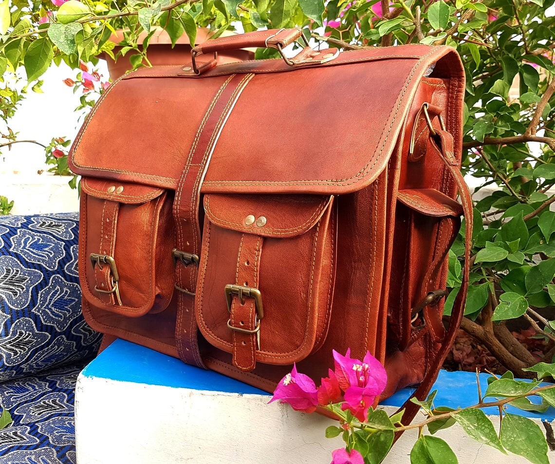 Men Genuine Leather Laptop Briefcase Satchel Messenger Bag for Business Office