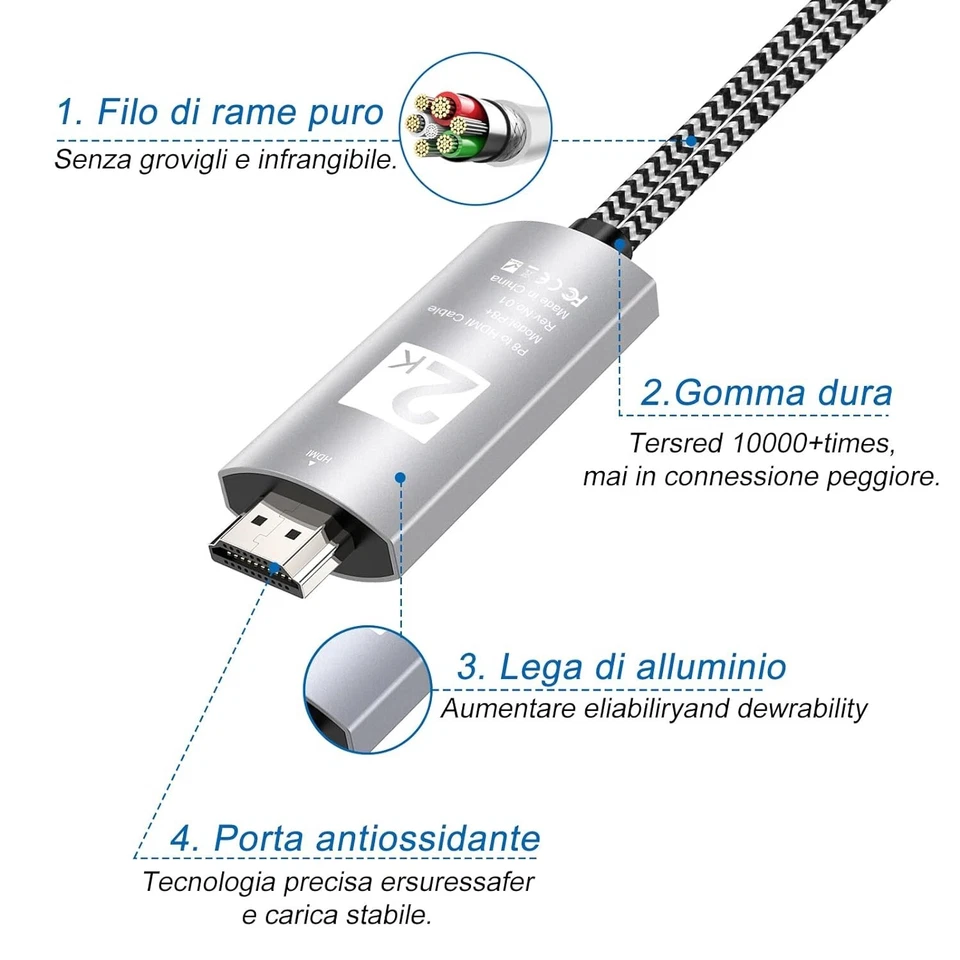 CAVO MHL UNIVERSALE 3IN1 MULTIPORTA MIRRORING HDMI 2K USB PER SMARTPHONE E TV 2M - Immagine 4 di 4