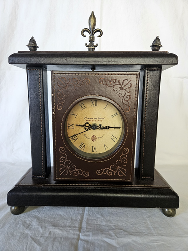 Vintage Rotating Wood Leather Swivel Mantel Clock with Picture Frame