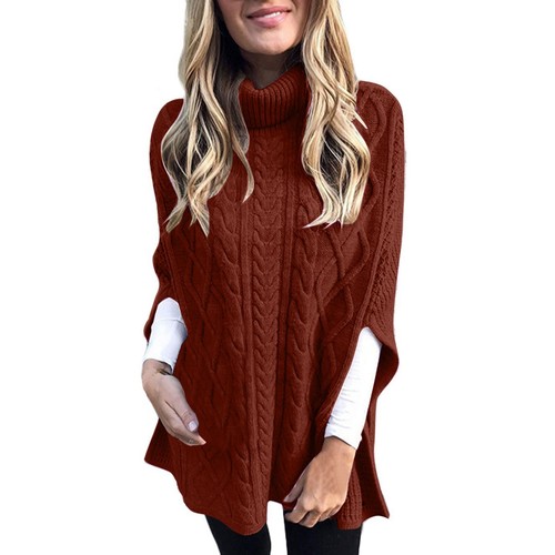 Damen Herbst Winter Rollkragen Poncho Pullover Grobstrick Cape Wickelpullover Oberteil - Bild 65 von 72