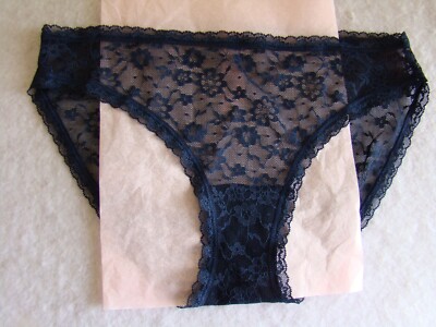 New Victoria s Secret Navy Blue Floral Lace with Lace Trim Bikini Panty