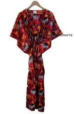 Indian Cotton Jungle Print Red Long Loose Sleeve Free Size Bohemian Caftan Dress