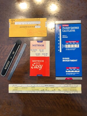 Lot of 5 advertising pieces, calculator, metrics , miles per gallon, Shell