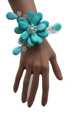 Women Elastic Cuff Bracelet Fashion Jewelry Big Turquoise BluFlower Floral Charm