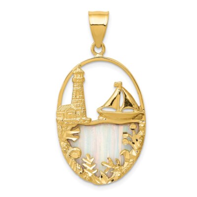 Echt 14kt Gelbgold Lab Created Opal Leuchtturm Segelboot Anhänger