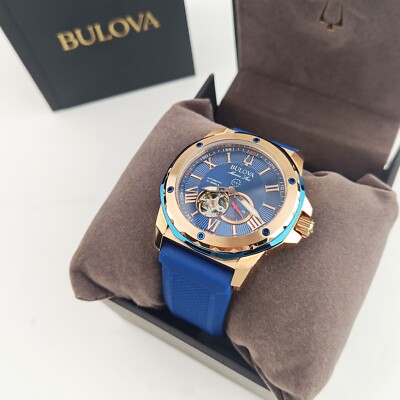 Bulova Marine Star Men's Blue Gold Dial Rubber 98A227 Steel