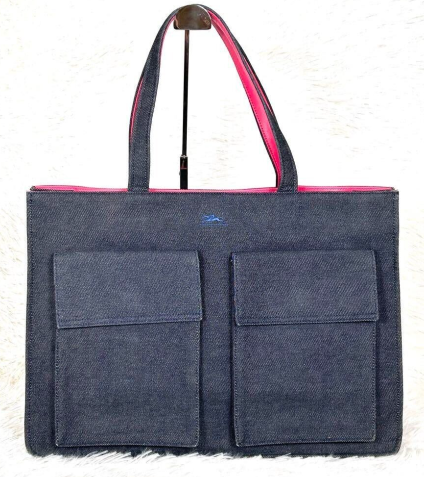 LONGCHAMP*デニム×レザー*トートバッグ*キャンバス*ブルー Longchamp Denim Tote Bag Top Handle Bag Horse Logo Bicolor