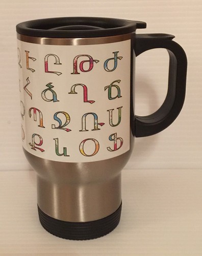 Reise Kaffee Tee Becher Edelstahl weiß Armenisches Alphabet Armenien tolles Geschenk - Bild 1 von 2