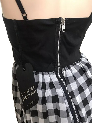 BLACK COTTON CHECKED CORSET CHIFFON BUBBLE HEM MINI DRESS UK 14 EU 42 MEDIUM NEW - Picture 11 of 11