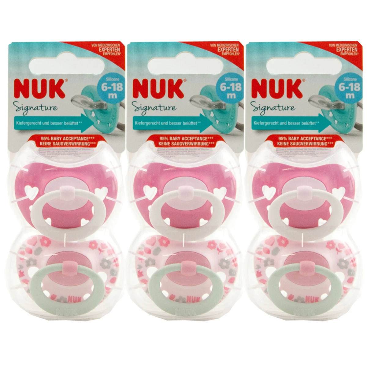 NUK Signature Dummy 6 - 18 Months 3 x 2 Piece Pink Pacifier Size 2