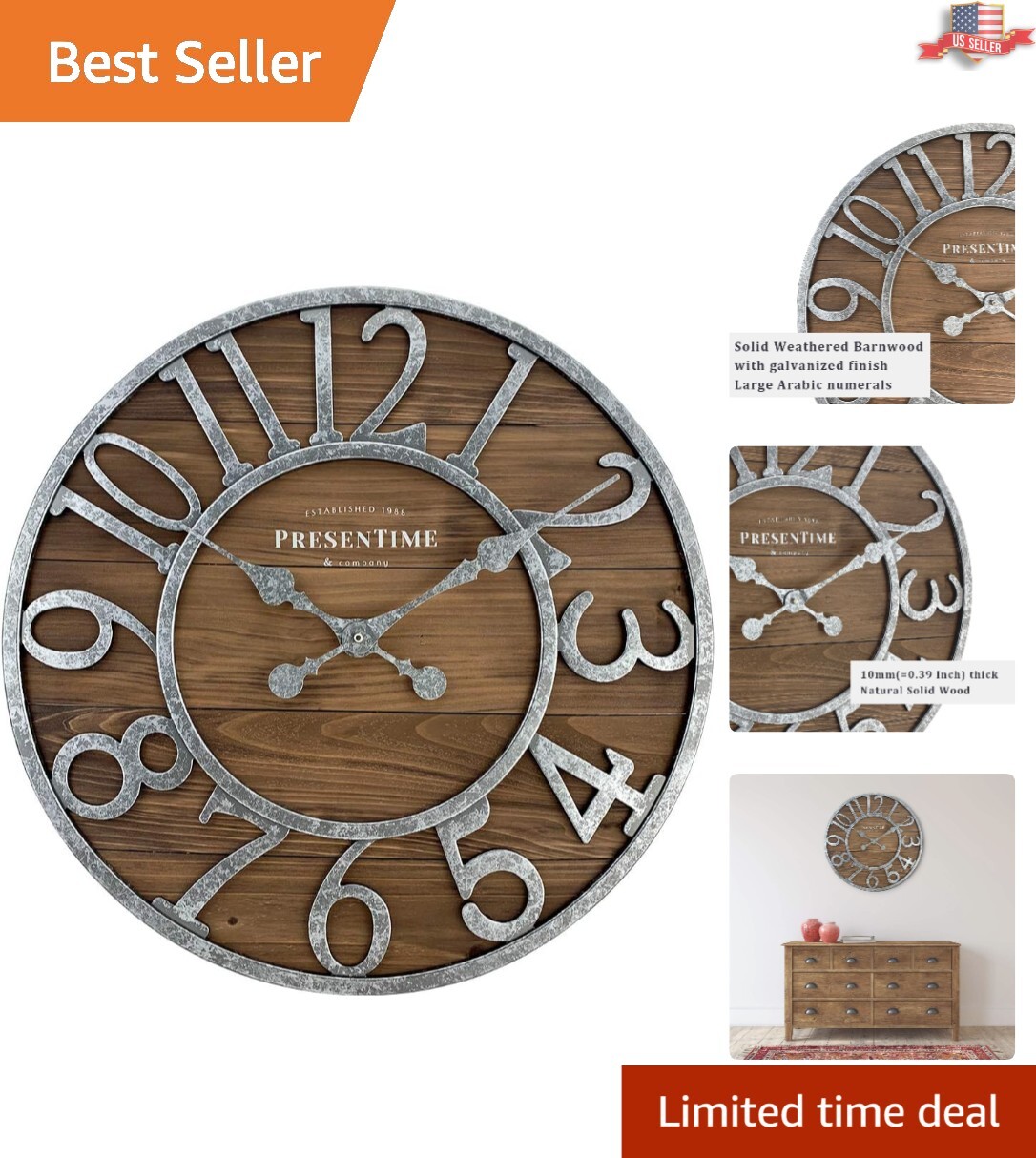 19.5" Vintage Farmhouse Barnwood Clock with Galvanized Finish - Rustic Chic
