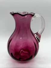 Vintage Hand Blown Cranberry Pink Glass Pitcher Ribbed Applied Handle Pontil