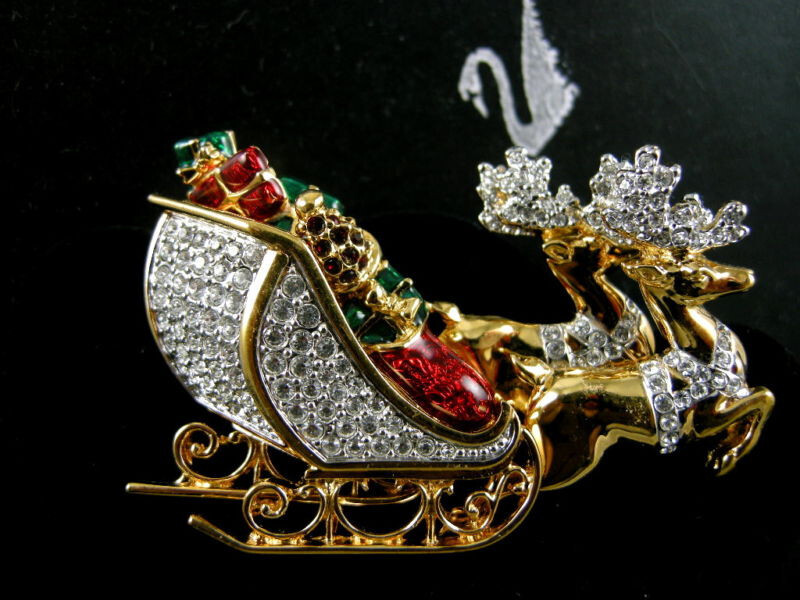 SIGNED SWAROVSKI CRYSTAL REINDEER SLEIGH PIN~BROOCH RETIRED NEW IN BOX
