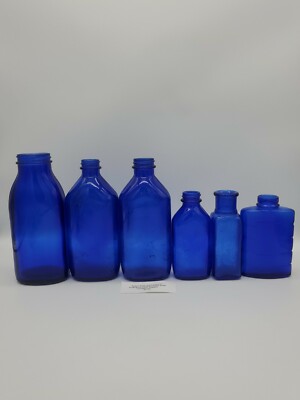 6 Vintage Colbalt Blue Glass Bottles 3 Phillips 1 Bourjois 2 Marked M 