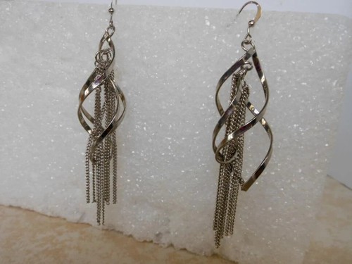 Vintage Silver Tone Pierced Drop Dangle Spiral Chain Earrings 3 Inch - Picture 3 of 9