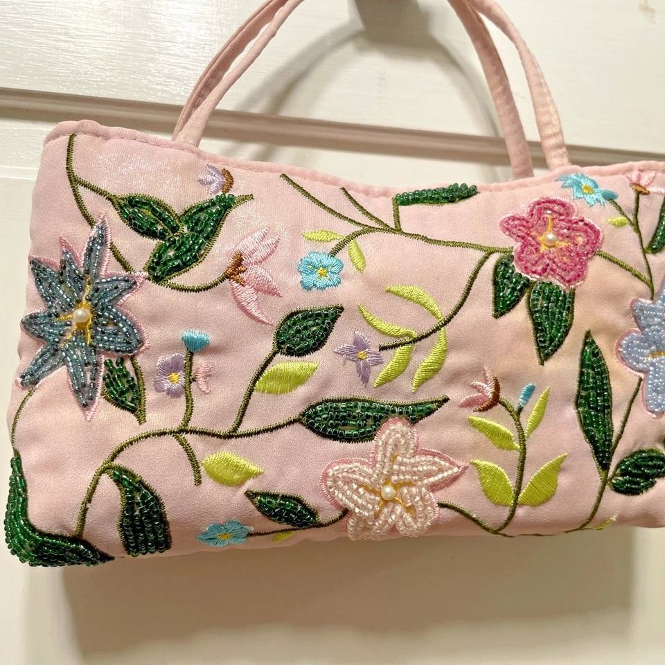 Bolsa de noite vintage rosa com miçangas e bordadas com alças e alça - Imagem 3 de 4