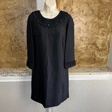 Tory Burch Shift Dress Womens 8 Black 100% Silk Beaded Trim Cocktail 3/4 Sleeve