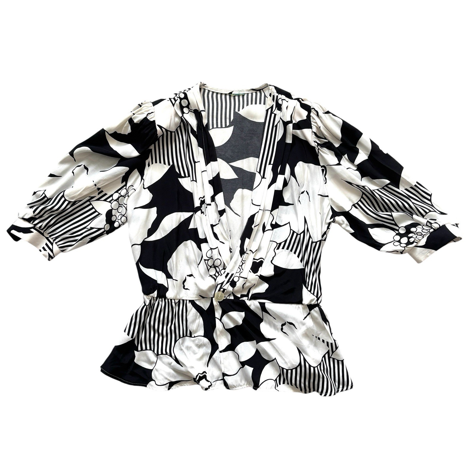 Womens Vintage Top 80s Monochrome Patterned Peplum Retro Boho 12 image 2