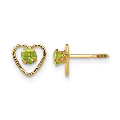 14 Karat Gelbgold 3 mm Rundschliff Peridot Geburtsstein Herz Schraubverschluss Ohrstecker