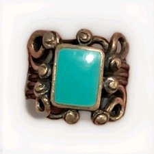 Vintage 925 Sterling Silver Solid Wide Turquoise Scrolled Flat Cab Navajo Ring