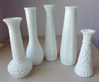 VTG milk glass bud vases, Hoosier, E O Brody, CLG Co., Anchor Hocking, lot of 5