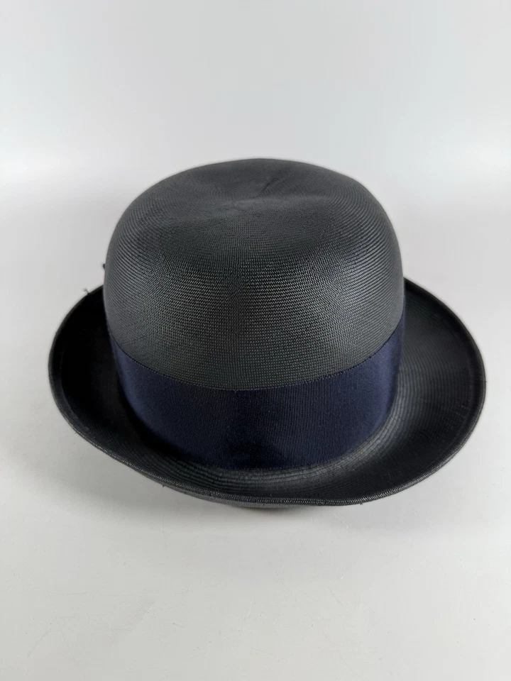 Frank Olive Vintage Navy Straw Bowler Hat Union Made Grosgrain Bow Medium - Image 3 of 4