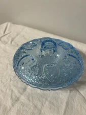 Vintage Indiana Glass Blue Covered Candy Dish Windsor Button & Cane Pattern