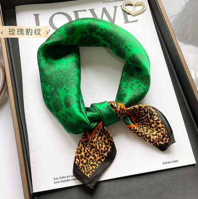 100% Mulberry Silk 20'' Square Scarf Women Neckerchief Wrap Green leopard Print