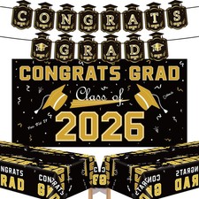 Graduation Decorations 2026i Black Gold Congrats Grad Banner Backdrop Tablecloth