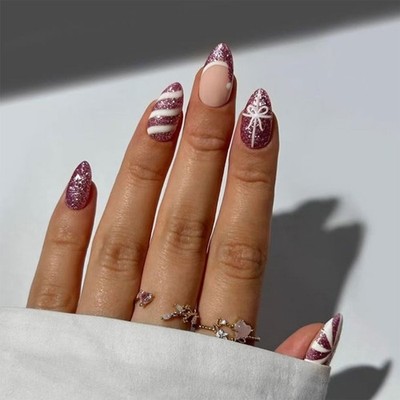 30x Christmas Press On Nail Frcnch Tip False Nail Swirl Stripes on Nail