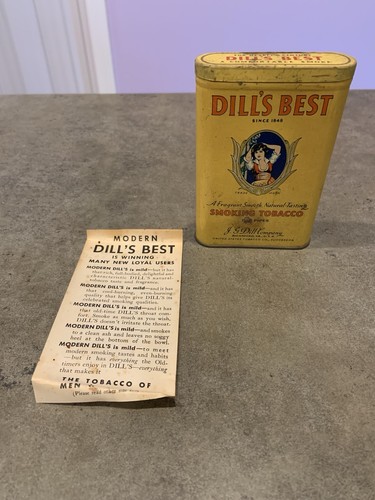 Vintage JG Dill's Best Vertical Pocket Empty Tobacco Tin With Paper Ad