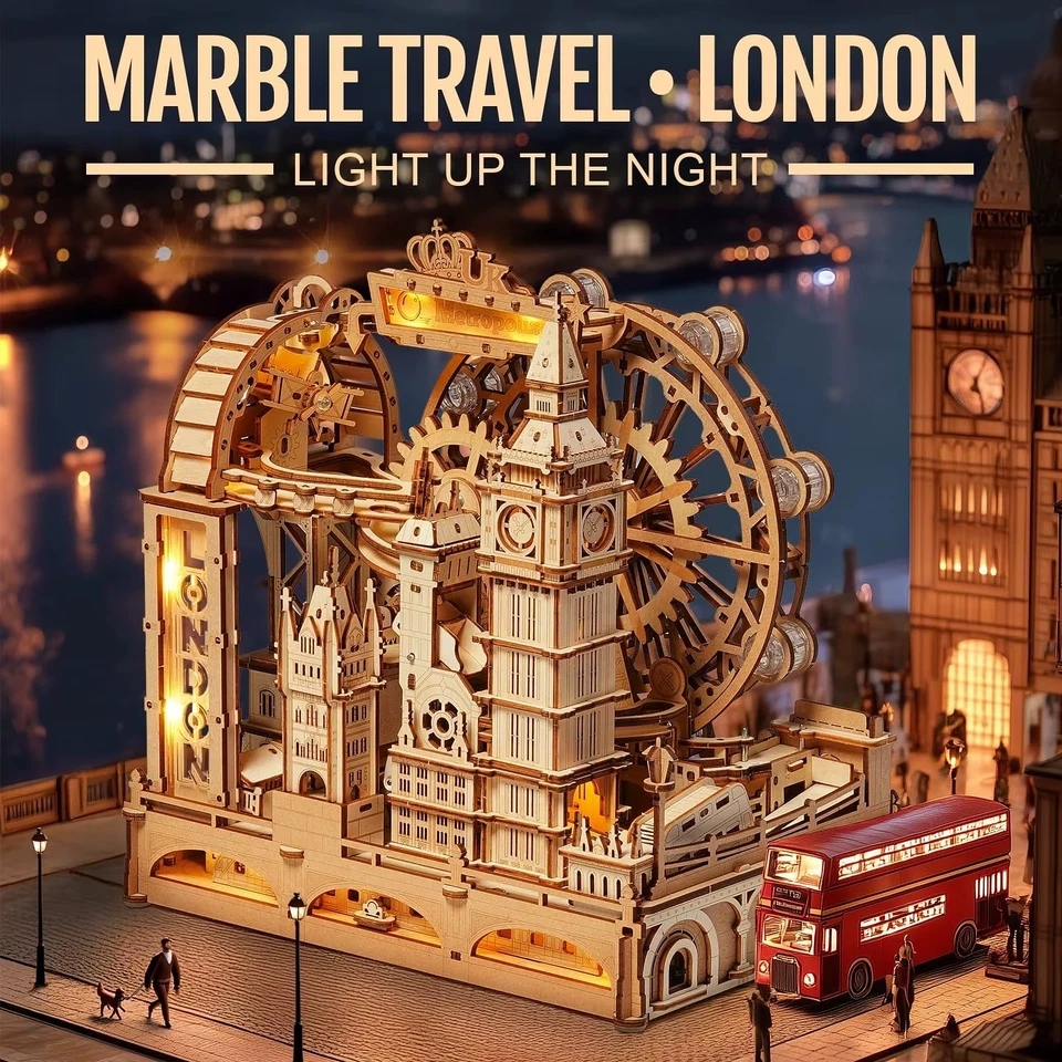 ROKR Marble Run London - 3D Wooden Puzzle with LED & Mechanics | 431 Pieces | Big Ben - Image 2 of 4