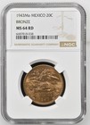 Mexico 20 Centavos 1943 Mo Bronze NGC MS 64 RD